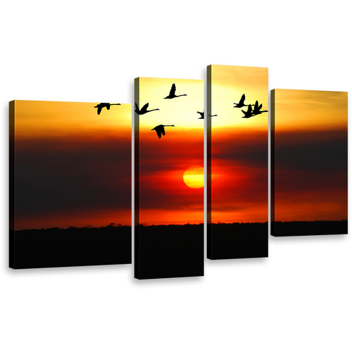 Sunset Sky Canvas Wall Art, Flying Birds Silhouette Canvas Print, Orange Yellow Sky Birds Flock 4 Piece Multiple Canvas