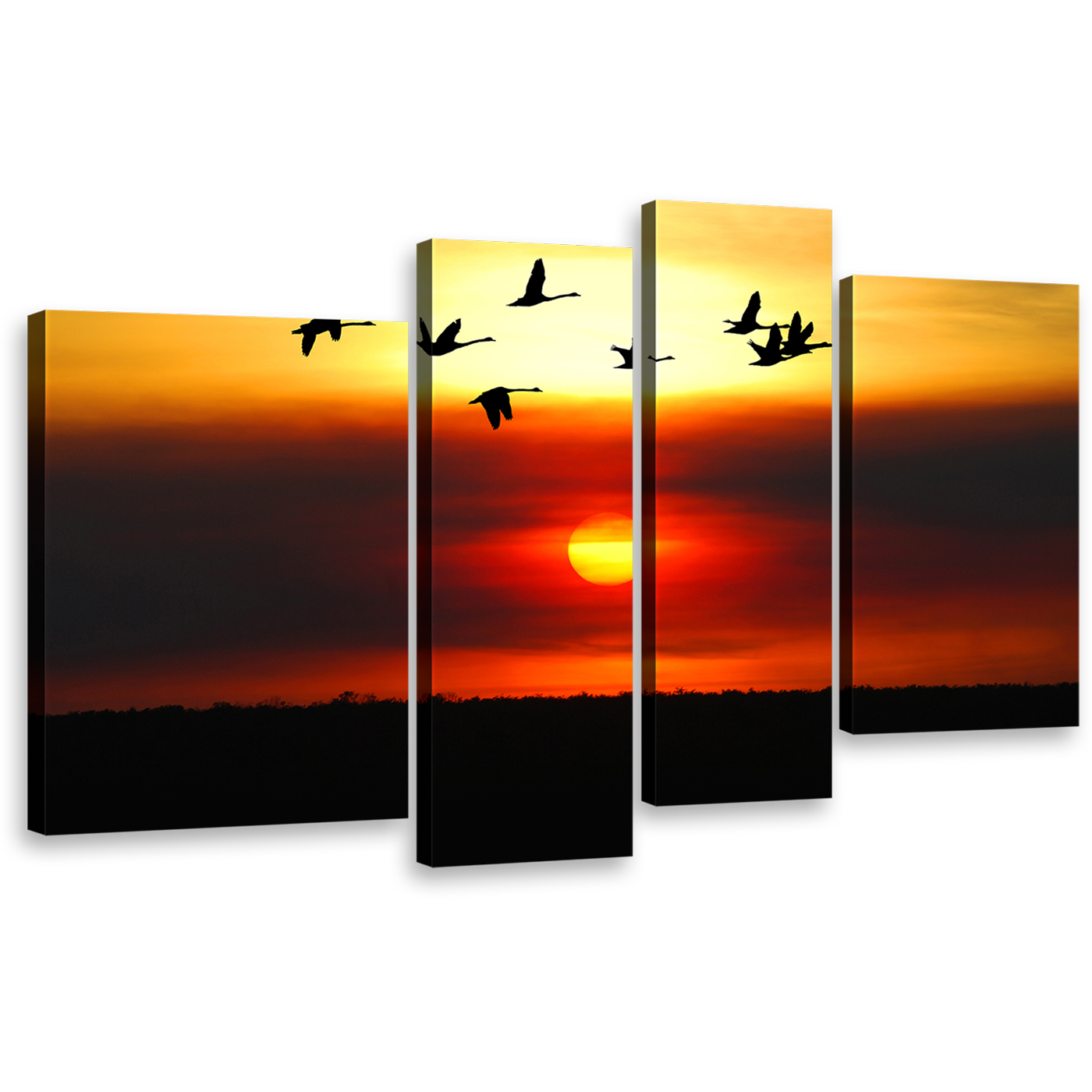 Sunset Sky Canvas Wall Art, Flying Birds Silhouette Canvas Print, Orange Yellow Sky Birds Flock 4 Piece Multiple Canvas