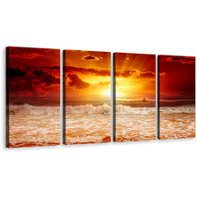 Load image into Gallery viewer, Sunset Sunshine Canvas Print, Orange Yellow Cloudy Ocean Sky 4 Piece Canvas Wall Art, Sea Waves Canvas Set
