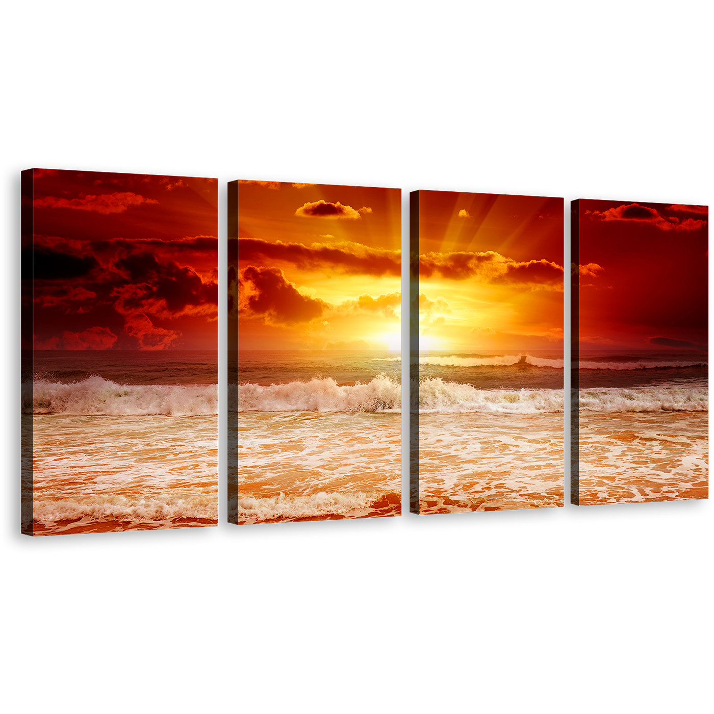 Sunset Sunshine Canvas Print, Orange Yellow Cloudy Ocean Sky 4 Piece Canvas Wall Art, Sea Waves Canvas Set