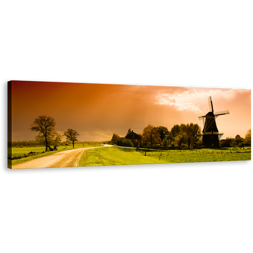 Sunset Windmill Canvas Print, Beautiful Orange Sky Netherlands Canvas Art, Green Field Scenery 1 Piece Wall Art