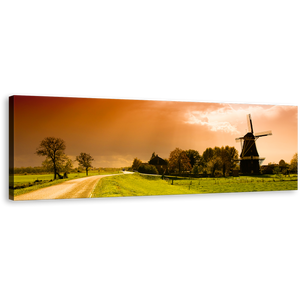 Sunset Windmill Canvas Print, Beautiful Orange Sky Netherlands Canvas Art, Green Field Scenery 1 Piece Wall Art