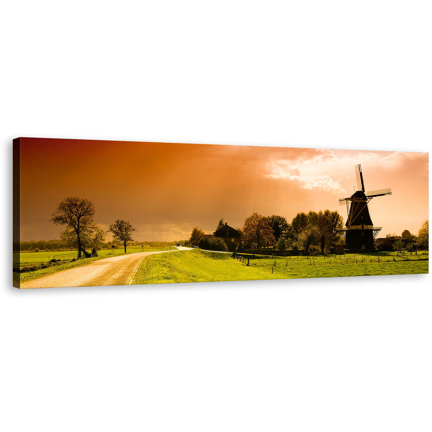 Sunset Windmill Canvas Print, Beautiful Orange Sky Netherlands Canvas Art, Green Field Scenery 1 Piece Wall Art