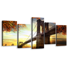 Load image into Gallery viewer, Suspension Bridge Canvas Wall Art, Dramatic Yellow Sunset Canvas Print, Beautiful Brown Brooklyn Bridge 5 Piece Canvas Set
