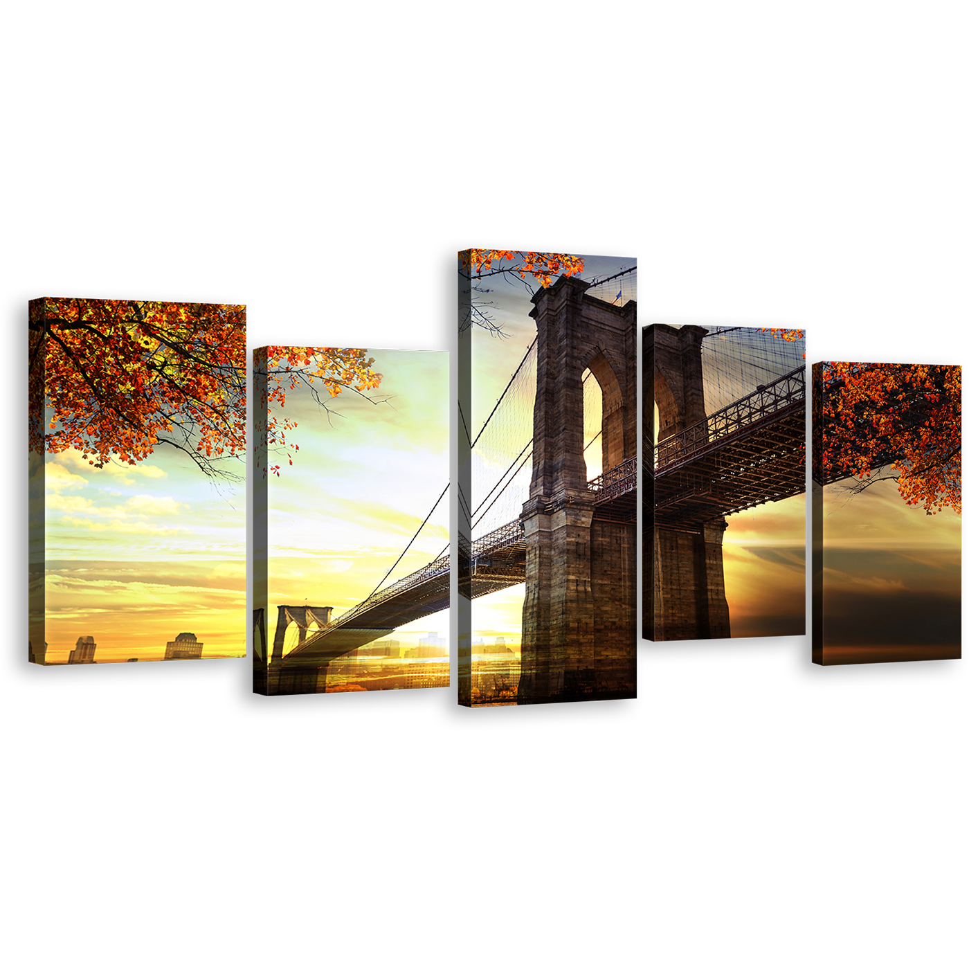 Suspension Bridge Canvas Wall Art, Dramatic Yellow Sunset Canvas Print, Beautiful Brown Brooklyn Bridge 5 Piece Canvas Set