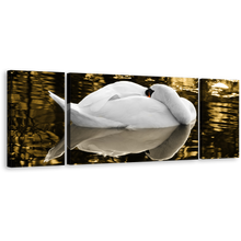 Load image into Gallery viewer, Swan Bird Canvas Wall Art, White Mute Swan Sleeping 3 Piece Canvas Print, Yellow Lake Bird Reflection Multi Canvas Artwork
