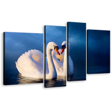 Load image into Gallery viewer, Swan Romance Canvas Wall Art, White Romantic Birds 4 Piece Multi Canvas Artwork, Beautiful Blue Background Calm Water Canvas Print
