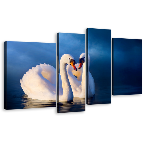 Swan Romance Canvas Wall Art, White Romantic Birds 4 Piece Multi Canvas Artwork, Beautiful Blue Background Calm Water Canvas Print