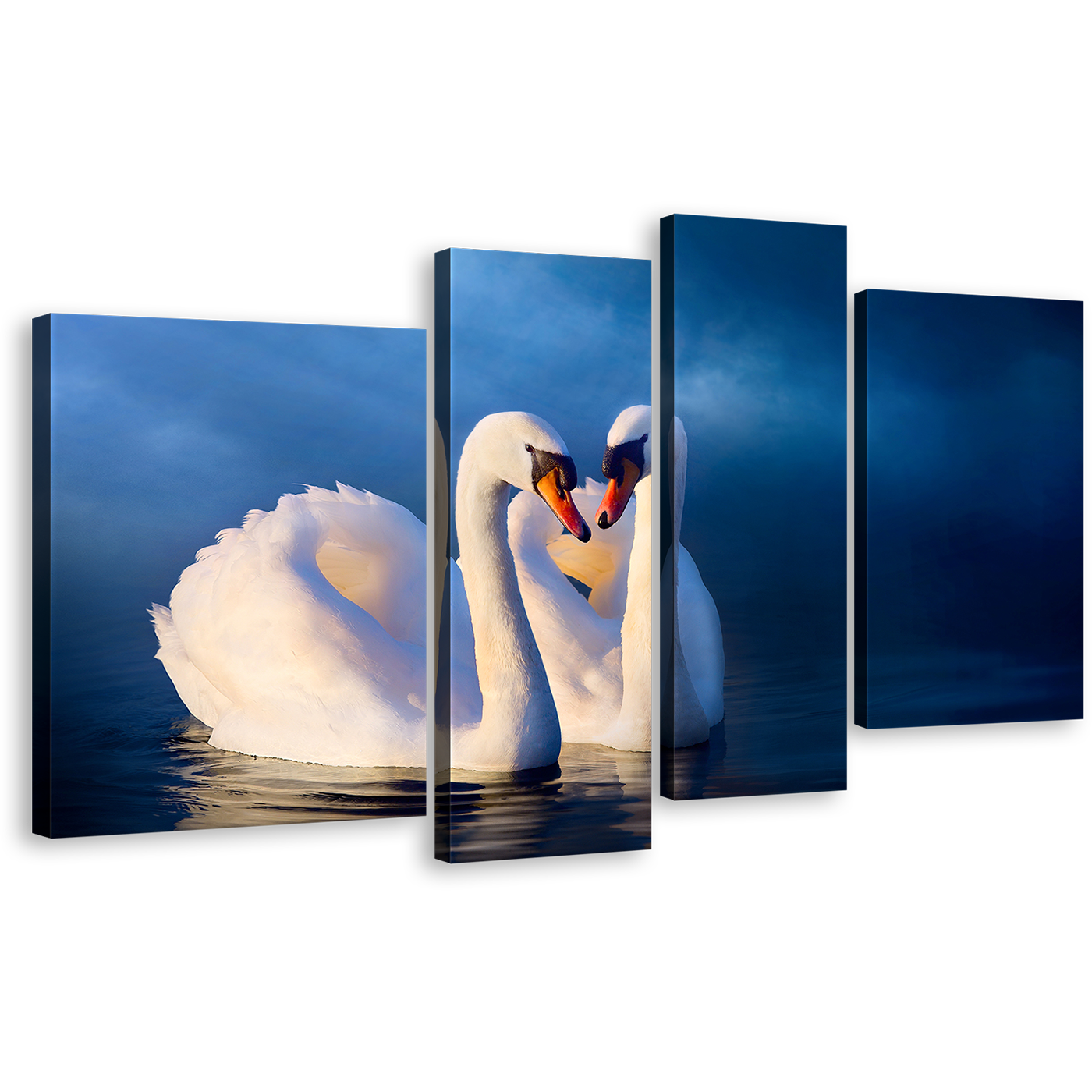 Swan Romance Canvas Wall Art, White Romantic Birds 4 Piece Multi Canvas Artwork, Beautiful Blue Background Calm Water Canvas Print