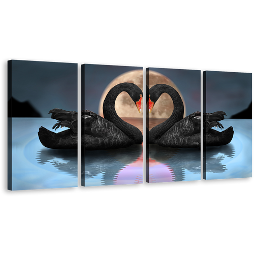 Swans Love Wall Art, Romantic Black Bird Love 4 Piece Canvas Print, Blue Night Moon Reflection View Multi Canvas