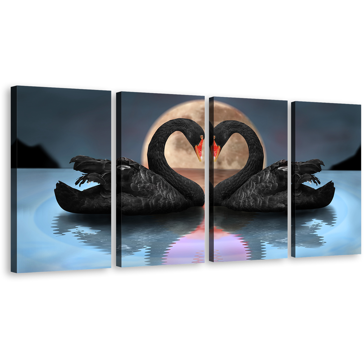 Swans Love Wall Art, Romantic Black Bird Love 4 Piece Canvas Print, Blue Night Moon Reflection View Multi Canvas