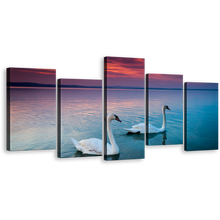 Load image into Gallery viewer, Swans Swimming Canvas Print, Blue Balaton Lake Multiple Canvas, Beautiful White Birds Couple 5 Piece Wall Art
