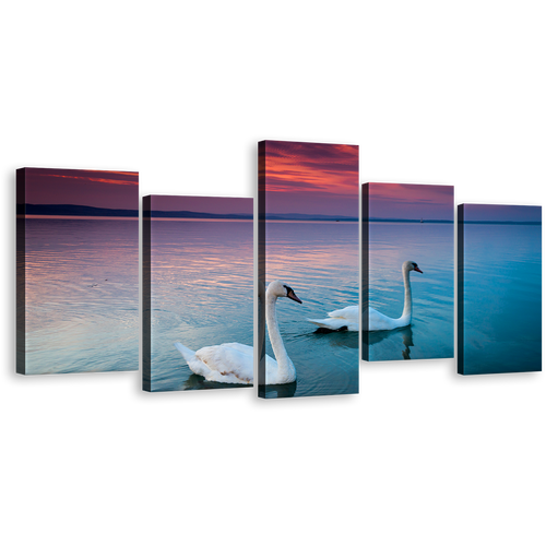 Swans Swimming Canvas Print, Blue Balaton Lake Multiple Canvas, Beautiful White Birds Couple 5 Piece Wall Art