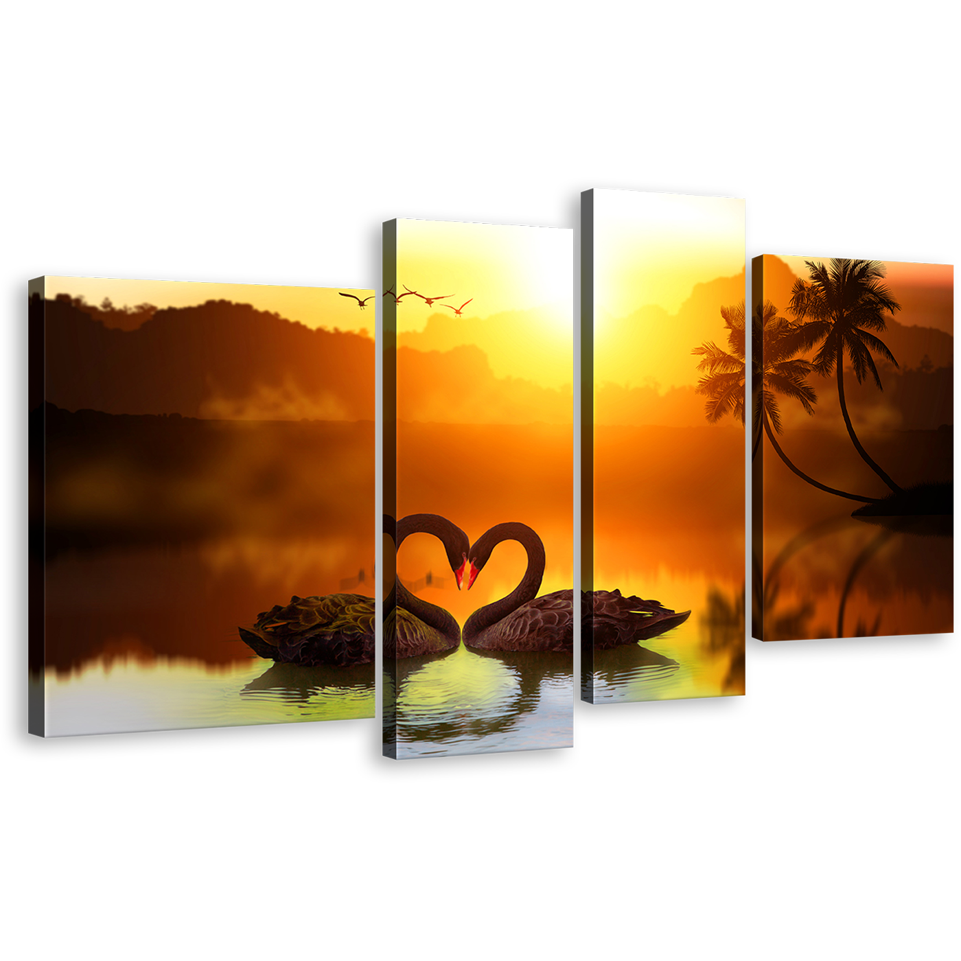 Swans Swimming Canvas Wall Art, Orange Sunset Love Swan 4 Piece Multi Canvas, Black Swans Multi Canvas Print