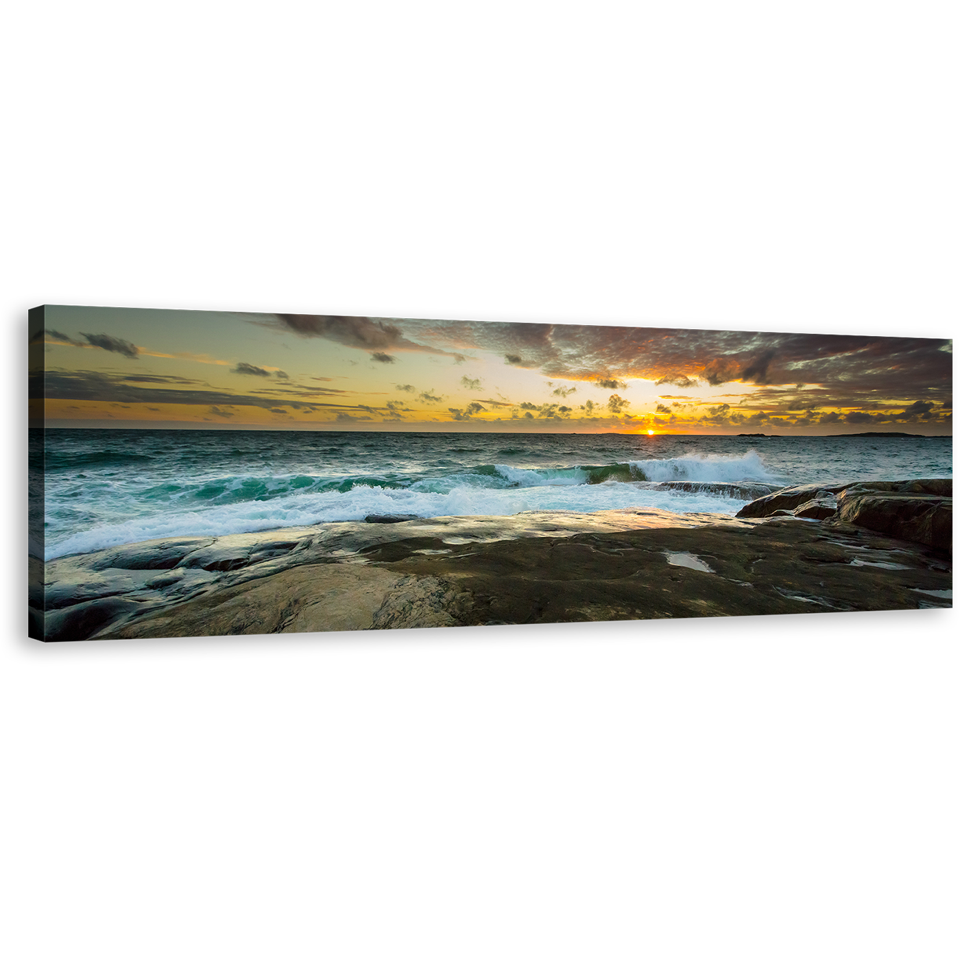 Sweden Ocean Canvas Print, Dramatic Yellow Sky Sea Panoramic Canvas Wall Art, Brown Ocean Landscape Wide Canvas