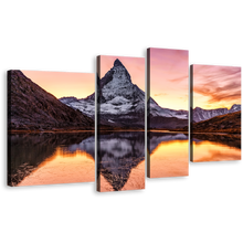 Load image into Gallery viewer, Swiss Landscape Canvas Wall Art, White Mountain Scenery 4 Piece Canvas Print, Switzerland Yellow Sunset Riffelsee Lake Multi Canvas
