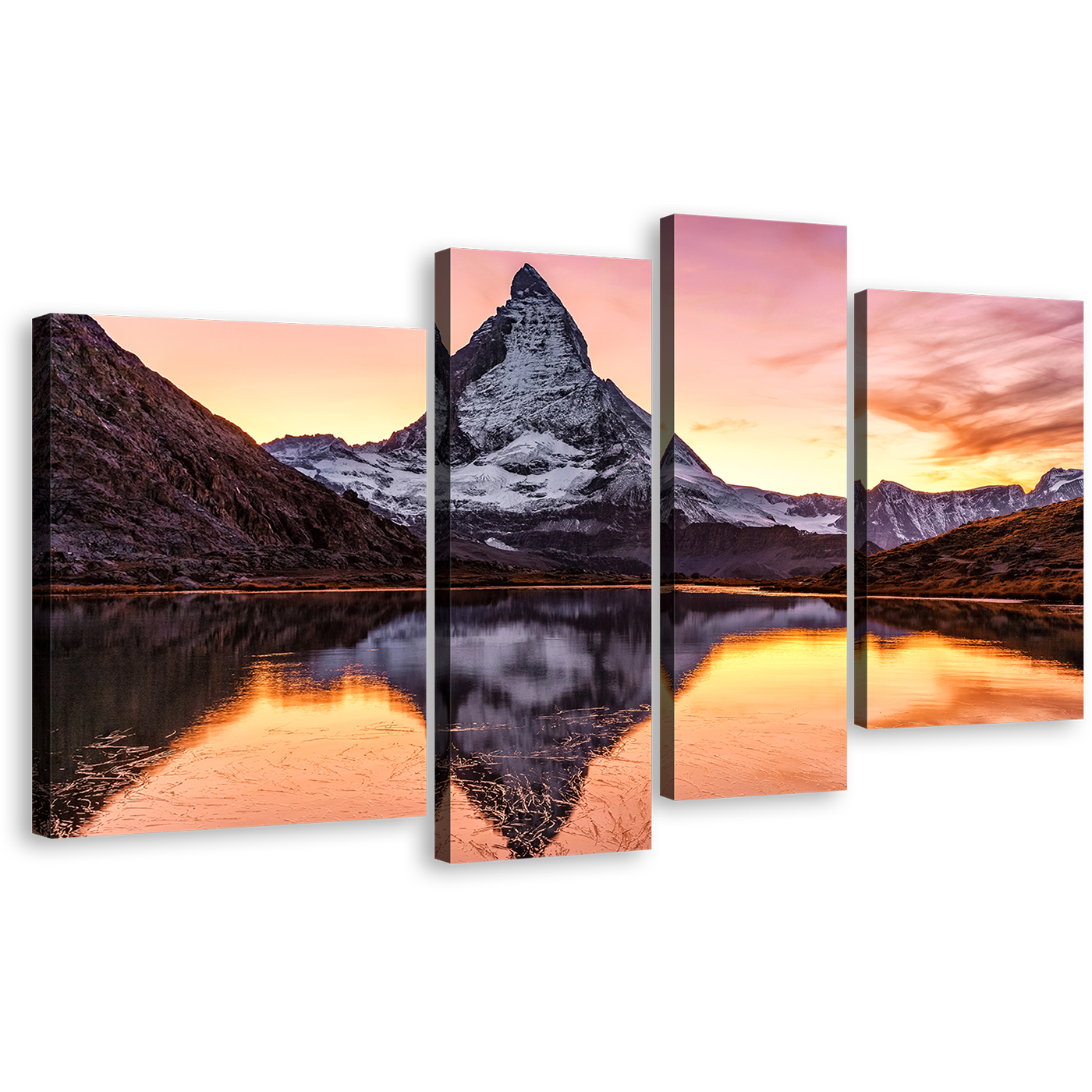 Swiss Landscape Canvas Wall Art, White Mountain Scenery 4 Piece Canvas Print, Switzerland Yellow Sunset Riffelsee Lake Multi Canvas