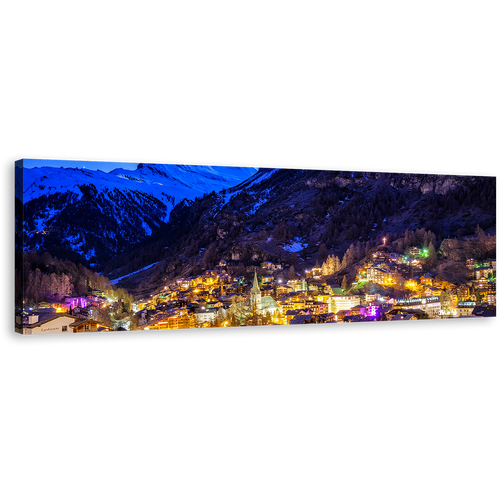 Switzerland Landscape Canvas Wall Art, Blue Zermatt Landscape 1 Piece Canvas Print, Beautiful Yellow Village Lights Mountain Canvas Artwork