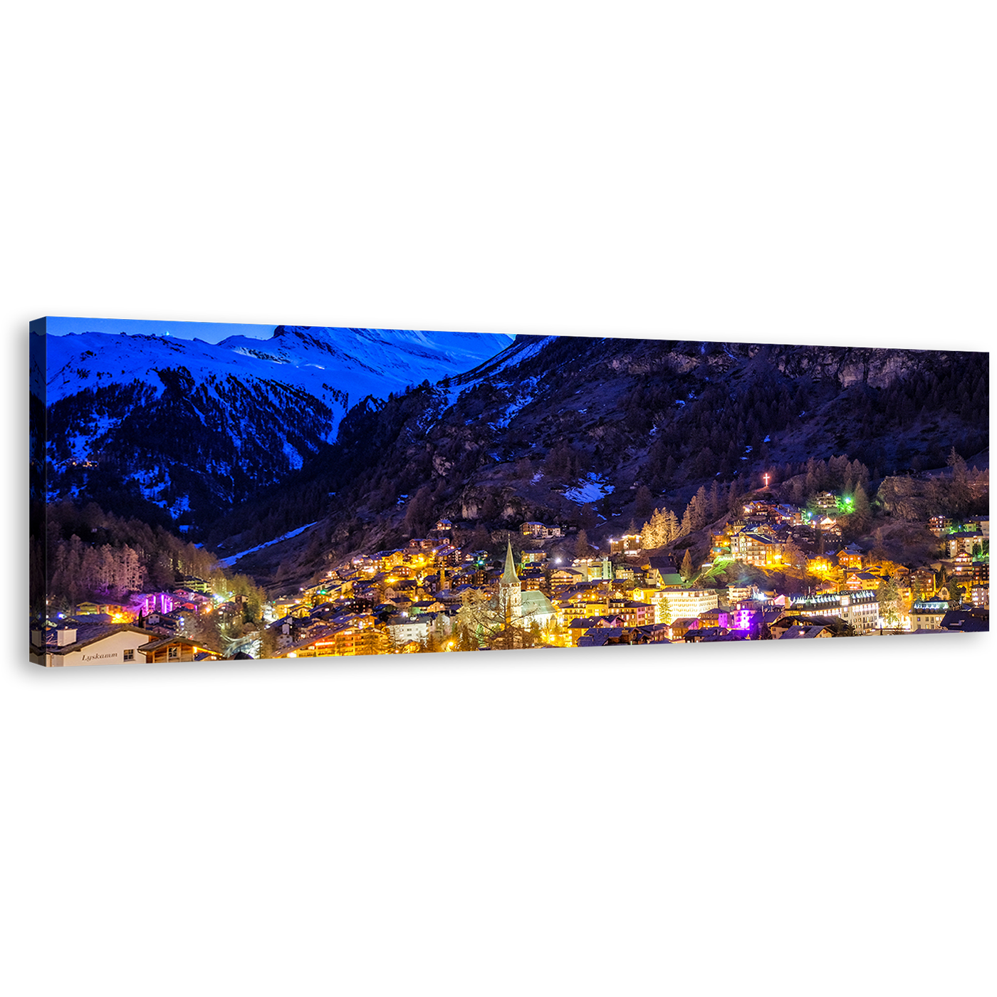 Switzerland Landscape Canvas Wall Art, Blue Zermatt Landscape 1 Piece Canvas Print, Beautiful Yellow Village Lights Mountain Canvas Artwork