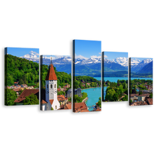 Load image into Gallery viewer, Switzerland Landscape Canvas Wall Art, Green Trees Lake City Mountains 5 Piece Canvas Set, Canton Bern Blue Mountains Nature Canvas Print
