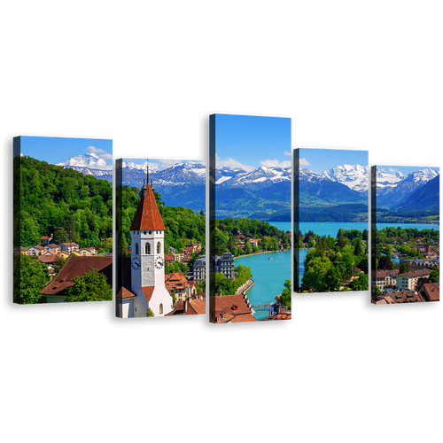 Switzerland Landscape Canvas Wall Art, Green Trees Lake City Mountains 5 Piece Canvas Set, Canton Bern Blue Mountains Nature Canvas Print