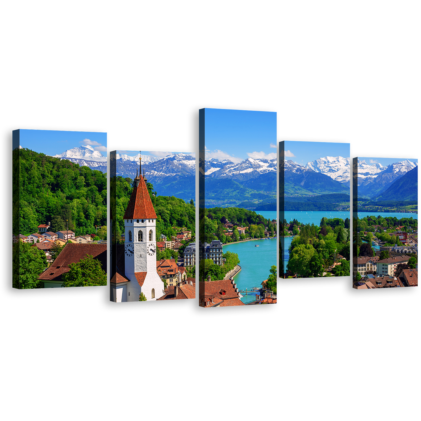 Switzerland Landscape Canvas Wall Art, Green Trees Lake City Mountains 5 Piece Canvas Set, Canton Bern Blue Mountains Nature Canvas Print