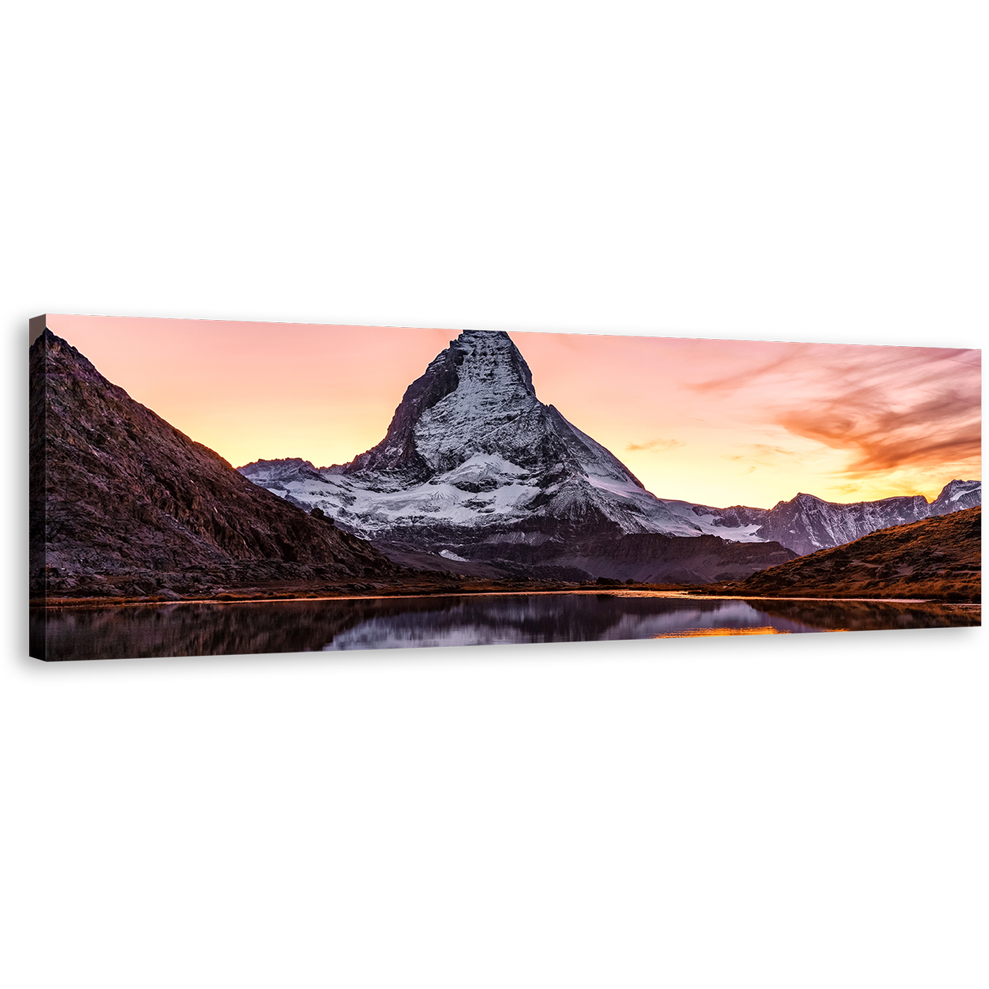 Switzerland Landscape Canvas Wall Art, Yellow Sunset View Riffelsee Lake 1 Piece Canvas Artwork, White Mountain Peak Reflection Canvas Print