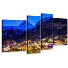 Load image into Gallery viewer, Switzerland Mountain Canvas Print, Beautiful Yellow Village Lights Mountain Multi Canvas  Artwork, Blue Zermatt Landscape 4 Piece Canvas Print
