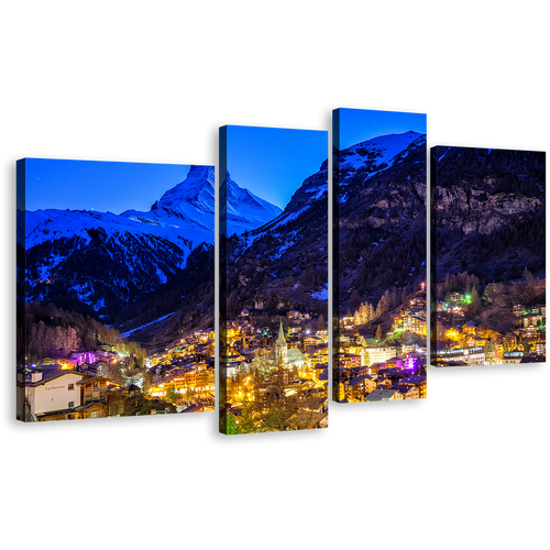 Switzerland Mountain Canvas Print, Beautiful Yellow Village Lights Mountain Multi Canvas  Artwork, Blue Zermatt Landscape 4 Piece Canvas Print