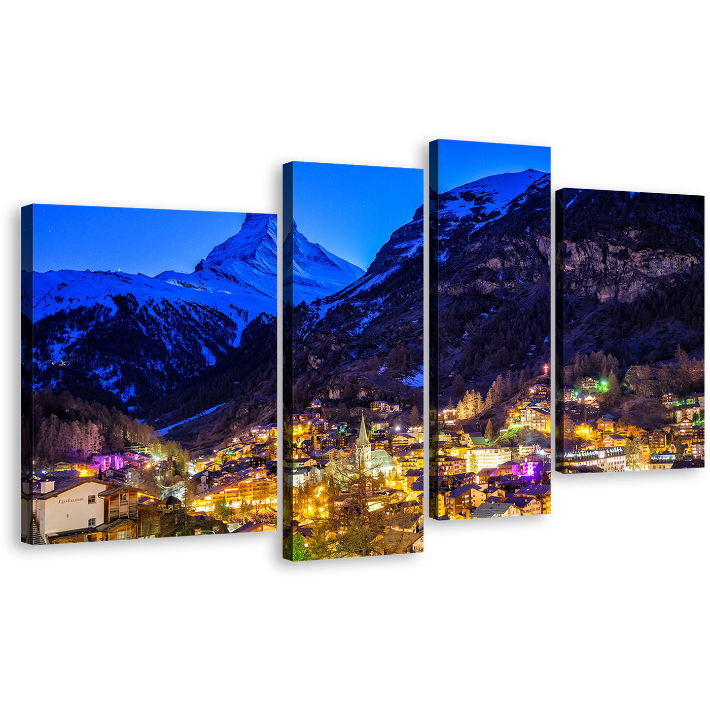 Switzerland Mountain Canvas Print, Beautiful Yellow Village Lights Mountain Multi Canvas  Artwork, Blue Zermatt Landscape 4 Piece Canvas Print