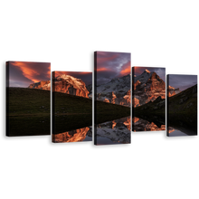 Load image into Gallery viewer, Switzerland Nature Canvas Wall Art, White Mountain Snow Evening Landscape Canvas Print, Brown Mountain River Reflection 5 Piece Canvas
