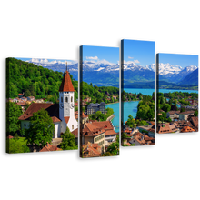 Load image into Gallery viewer, Switzerland Scenery Canvas Print, Bernese Highlands Swiss Alps Mountains 4 Piece Canvas Wall Art, Blue White Mountains Lake City Multi Canvas
