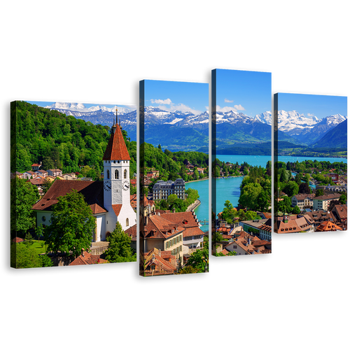 Switzerland Scenery Canvas Print, Bernese Highlands Swiss Alps Mountains 4 Piece Canvas Wall Art, Blue White Mountains Lake City Multi Canvas