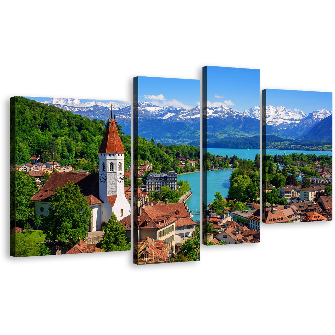 Switzerland Scenery Canvas Print, Bernese Highlands Swiss Alps Mountains 4 Piece Canvas Wall Art, Blue White Mountains Lake City Multi Canvas