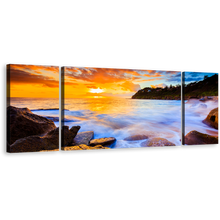 Load image into Gallery viewer, Sydney Beach Canvas Wall Art, Yellow Whale Beach Sunset Multi Canvas, Ocean Rocks Canvas Artwork, Blue Australia Beach Water 3 Piece Canvas Print
