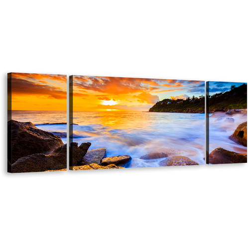 Sydney Beach Canvas Wall Art, Yellow Whale Beach Sunset Multi Canvas, Ocean Rocks Canvas Artwork, Blue Australia Beach Water 3 Piece Canvas Print