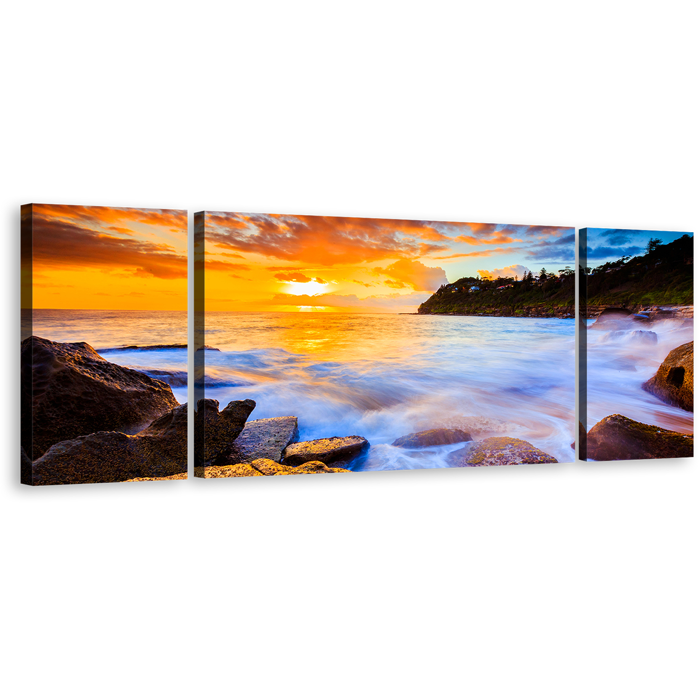 Sydney Beach Canvas Wall Art, Yellow Whale Beach Sunset Multi Canvas, Ocean Rocks Canvas Artwork, Blue Australia Beach Water 3 Piece Canvas Print