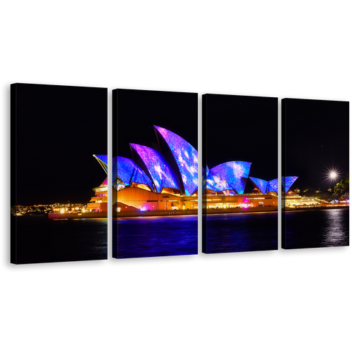 Sydney Nights Wall Art, Beautiful Black Sky City Skyline Canvas Print, Blue Opera House 4 Piece Multi Canvas