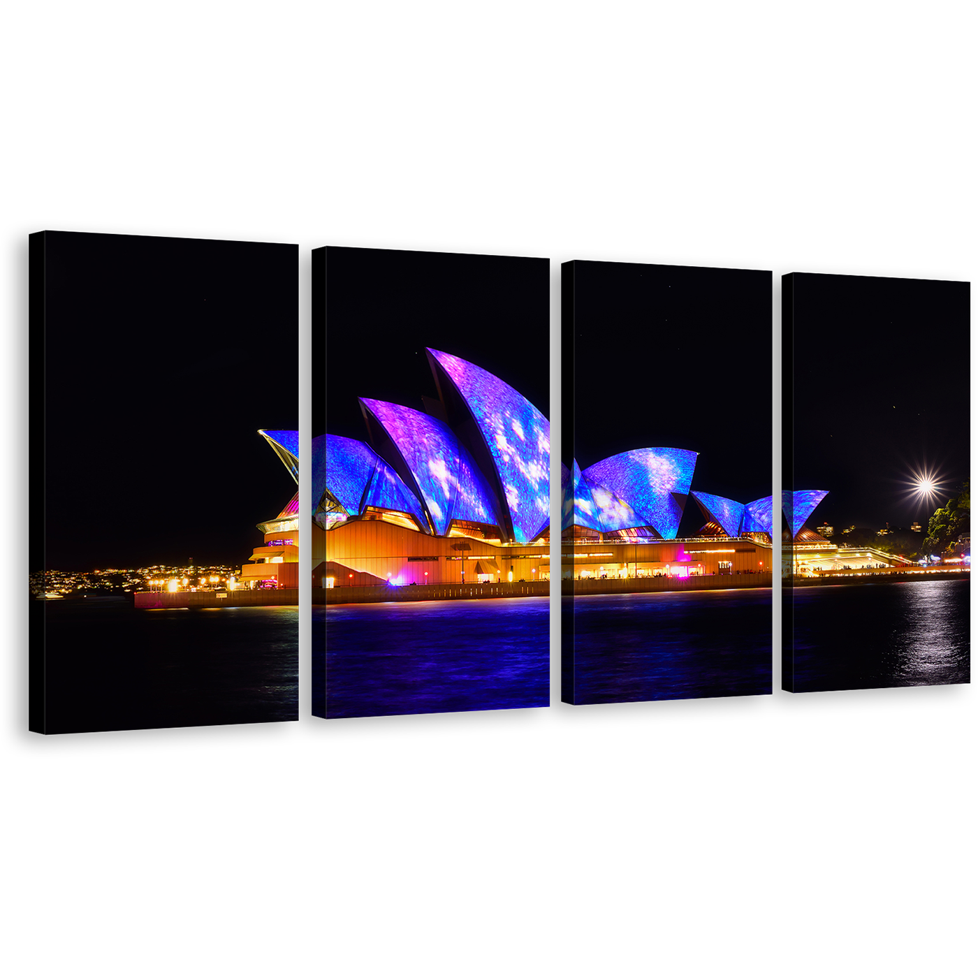 Sydney Nights Wall Art, Beautiful Black Sky City Skyline Canvas Print, Blue Opera House 4 Piece Multi Canvas