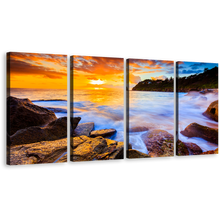 Load image into Gallery viewer, Sydney Seascape Canvas Print, Blue Australia Beach Multi Canvas Artwork, Yellow Whale Beach Sunset Canvas Set, Ocean Rocks 4 Piece Canvas Wall Art
