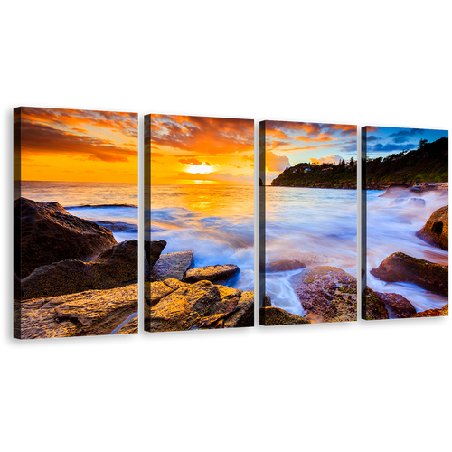 Sydney Seascape Canvas Print, Blue Australia Beach Multi Canvas Artwork, Yellow Whale Beach Sunset Canvas Set, Ocean Rocks 4 Piece Canvas Wall Art