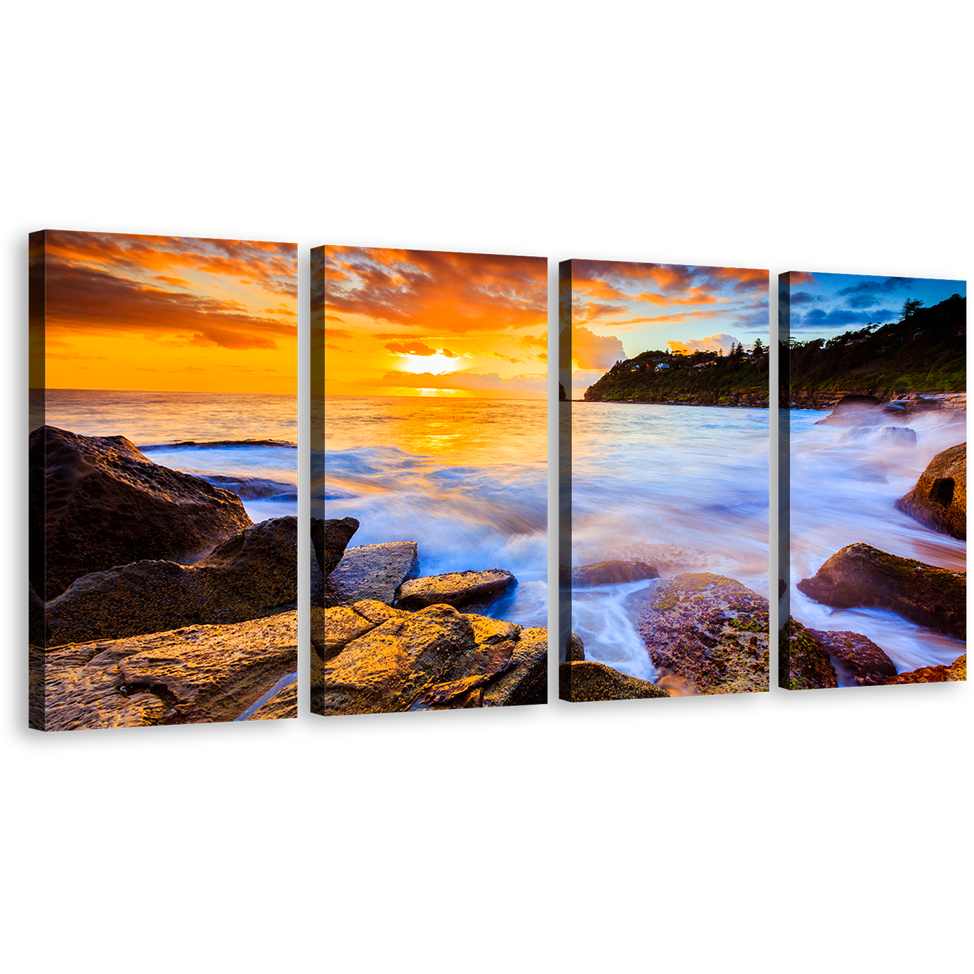 Sydney Seascape Canvas Print, Blue Australia Beach Multi Canvas Artwork, Yellow Whale Beach Sunset Canvas Set, Ocean Rocks 4 Piece Canvas Wall Art