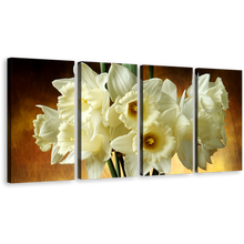 Load image into Gallery viewer, Tall Bouquet Canvas Print, Brown Background Glass Vase 4 Piece Canvas Multi-panel Art, White Flowers Canvas Set
