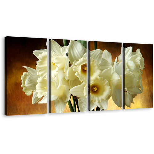 Tall Bouquet Canvas Print, Brown Background Glass Vase 4 Piece Canvas Multi-panel Art, White Flowers Canvas Set