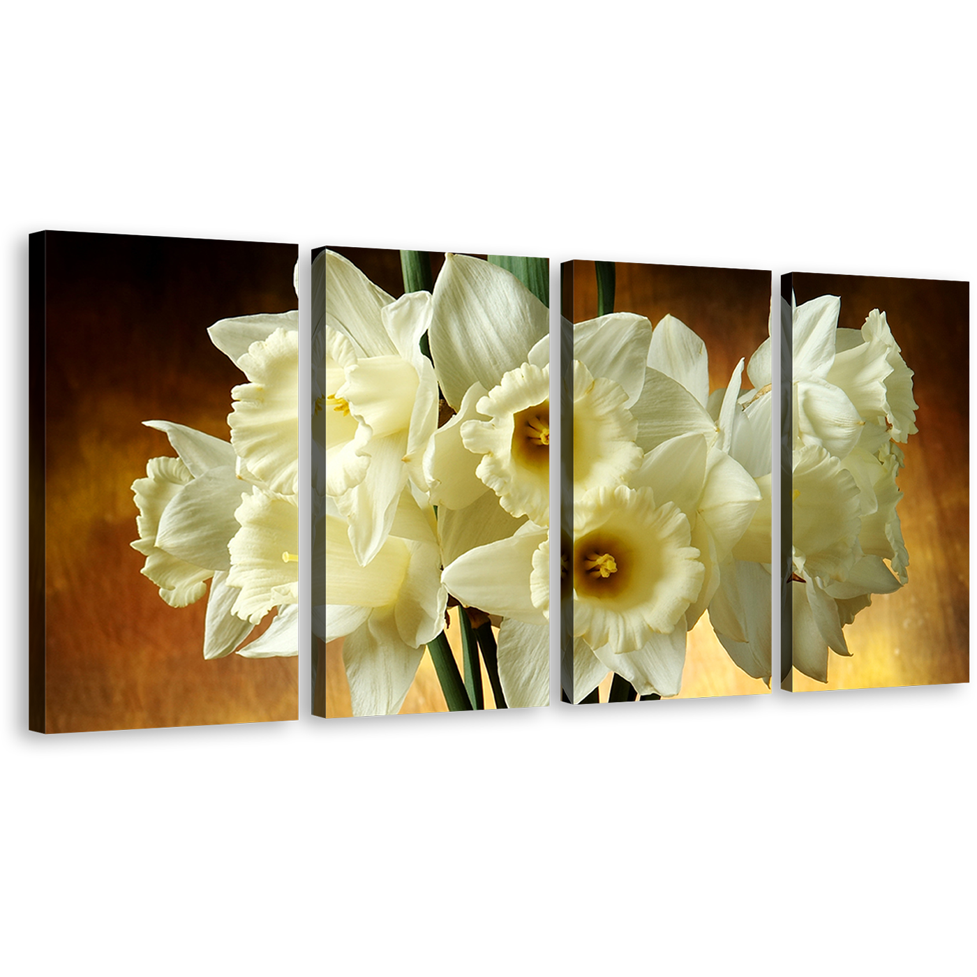 Tall Bouquet Canvas Print, Brown Background Glass Vase 4 Piece Canvas Multi-panel Art, White Flowers Canvas Set