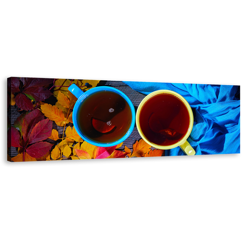 Tea Cups Canvas Print, Blue Yellow Tea Cups Close Up Panoramic Canvas Wall Art, Tea From Above Canvas Artwork