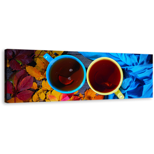 Tea Cups Canvas Print, Blue Yellow Tea Cups Close Up Panoramic Canvas Wall Art, Tea From Above Canvas Artwork