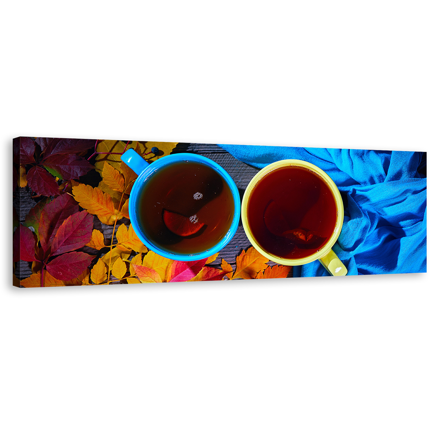 Tea Cups Canvas Print, Blue Yellow Tea Cups Close Up Panoramic Canvas Wall Art, Tea From Above Canvas Artwork