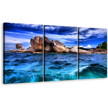 Load image into Gallery viewer, Tempest Rocks Canvas Print, Brown Ocean Rocks Triptych Multi Canvas Artwork, Blue Tempest Ocean Waves 3 Piece Canvas Wall Art
