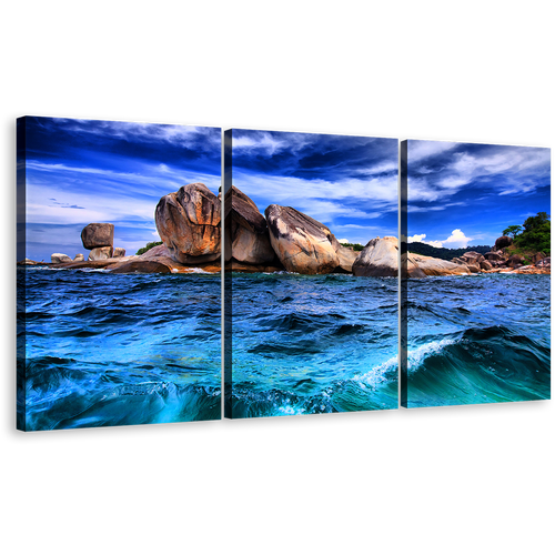 Tempest Rocks Canvas Print, Brown Ocean Rocks Triptych Multi Canvas Artwork, Blue Tempest Ocean Waves 3 Piece Canvas Wall Art